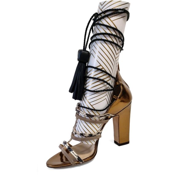 Jimmy Choo Diamond 100 Gold Black Leather Size 36 EU 6 US Strappy Sandals - Picture 6 of 12